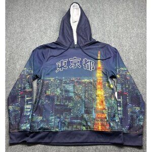 Rue21 Hoodie Sweatshirt Mens M Blue Cozy Sherpa Fleece Tokyo Skyline Graphic New